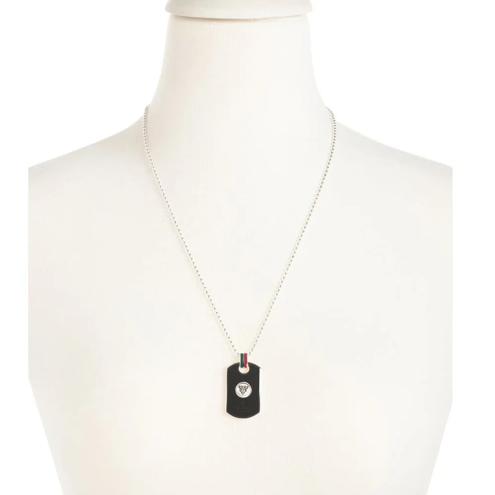GUCCI NECKLACE SILVER .925 ENAMEL DOG TAG PENDANT WEB & HYSTERIA DETAIL - Picture 2 of 7